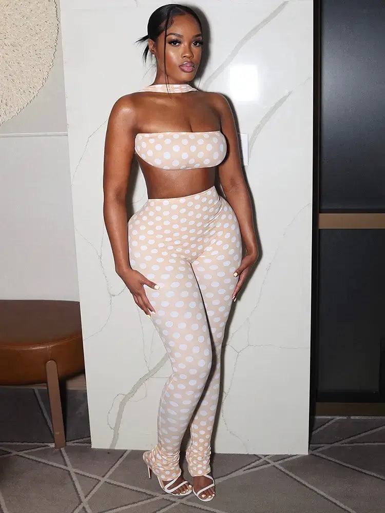 Polka Dot Bandeau Crop Top, Neck Scarf & Wide-Leg Pants Set