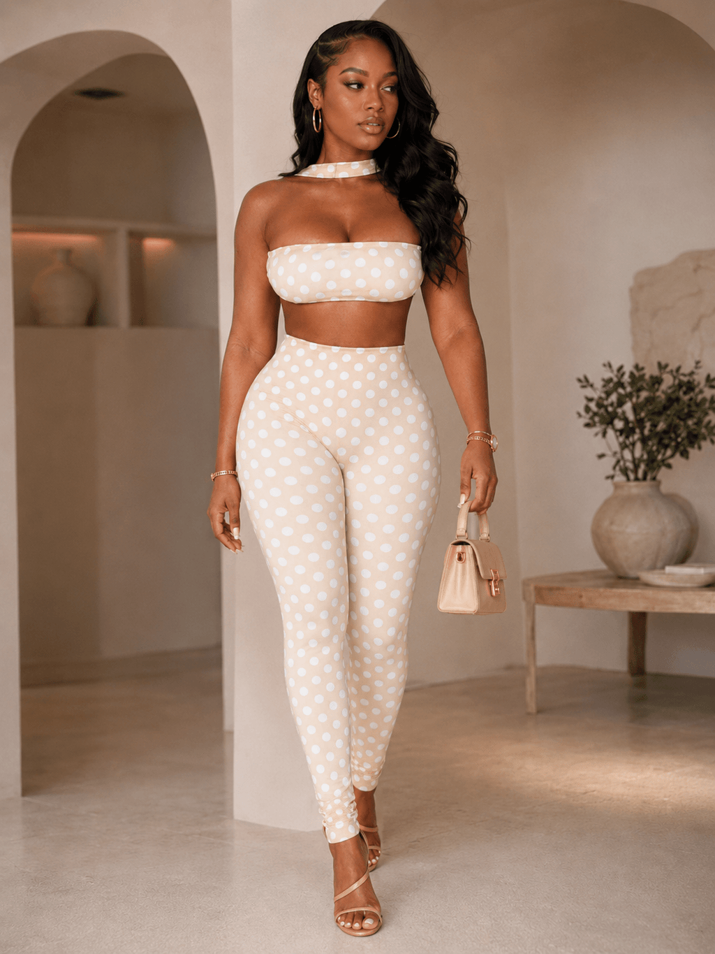 Retro Dot Bandeau Crop Top & High-Waist Leggings Set