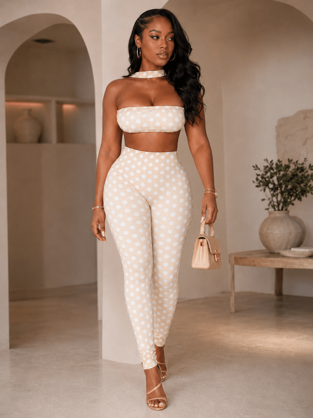 Retro Dot Bandeau Crop Top & High-Waist Leggings Set