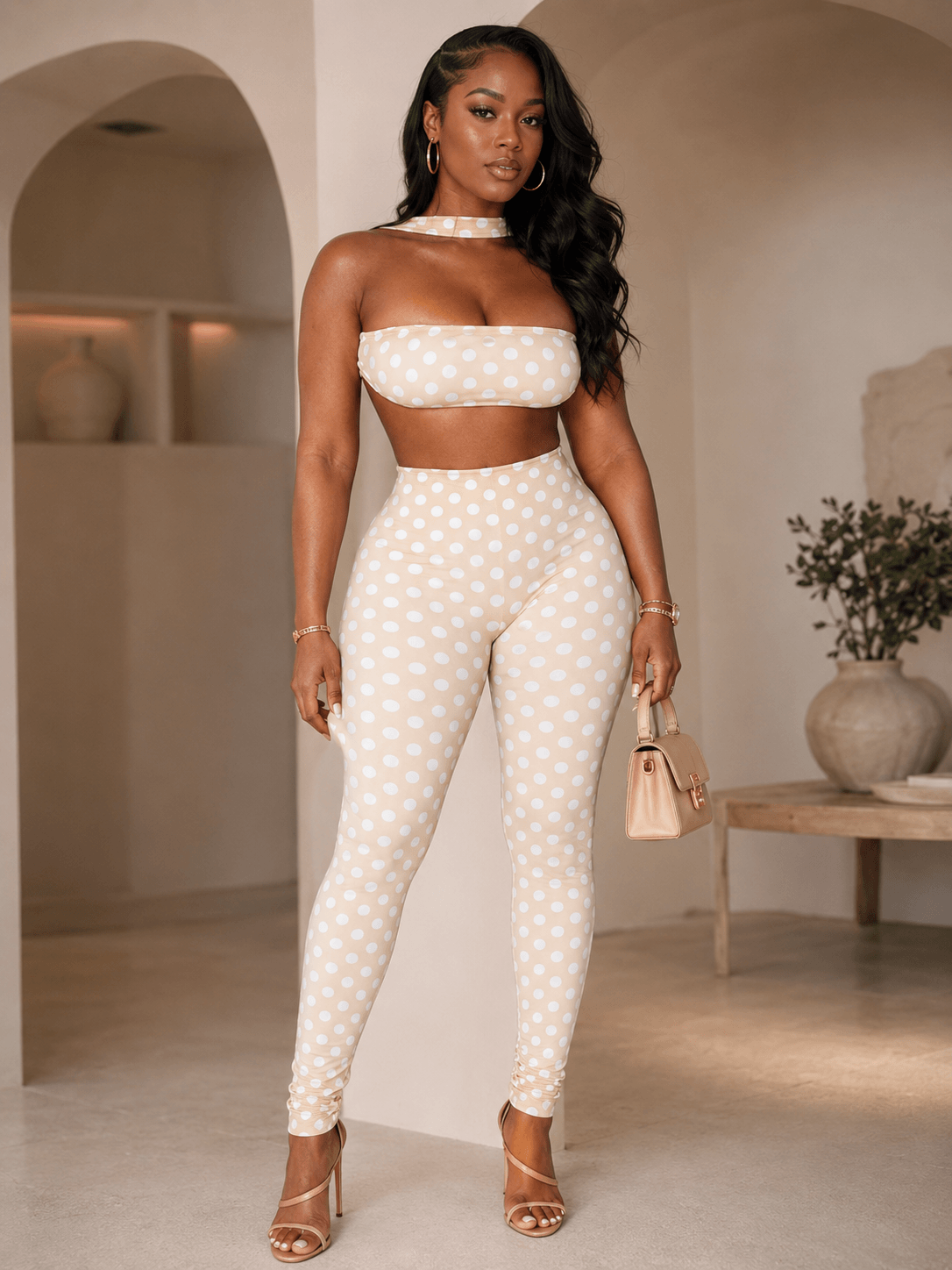 Retro Dot Bandeau Crop Top & High-Waist Leggings Set