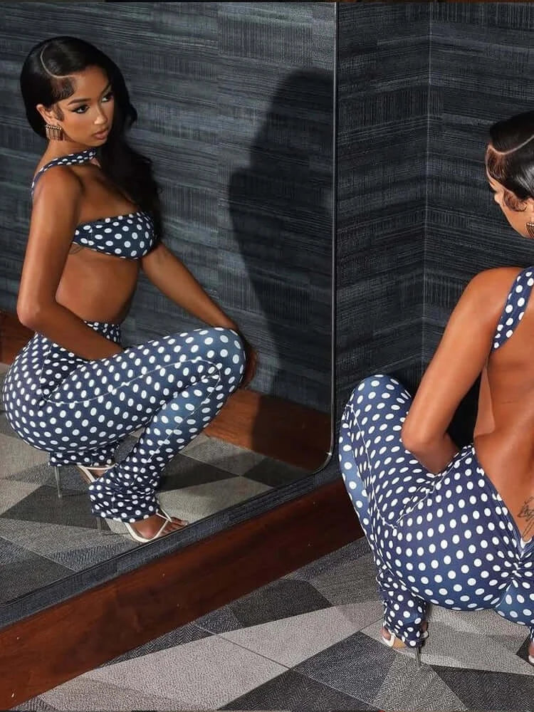 Retro Dot Bandeau Crop Top & High-Waist Leggings Set