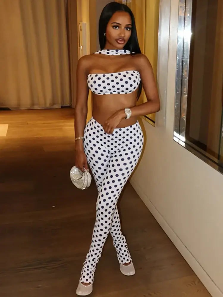 Retro Dot Bandeau Crop Top & High-Waist Leggings Set