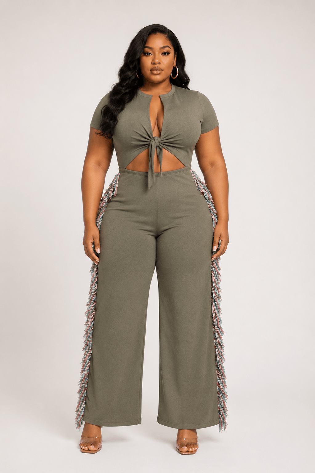 Front Tie Keyhole Crop Top Wide Leg TasselPlus Size Fringe Jumpsuit |