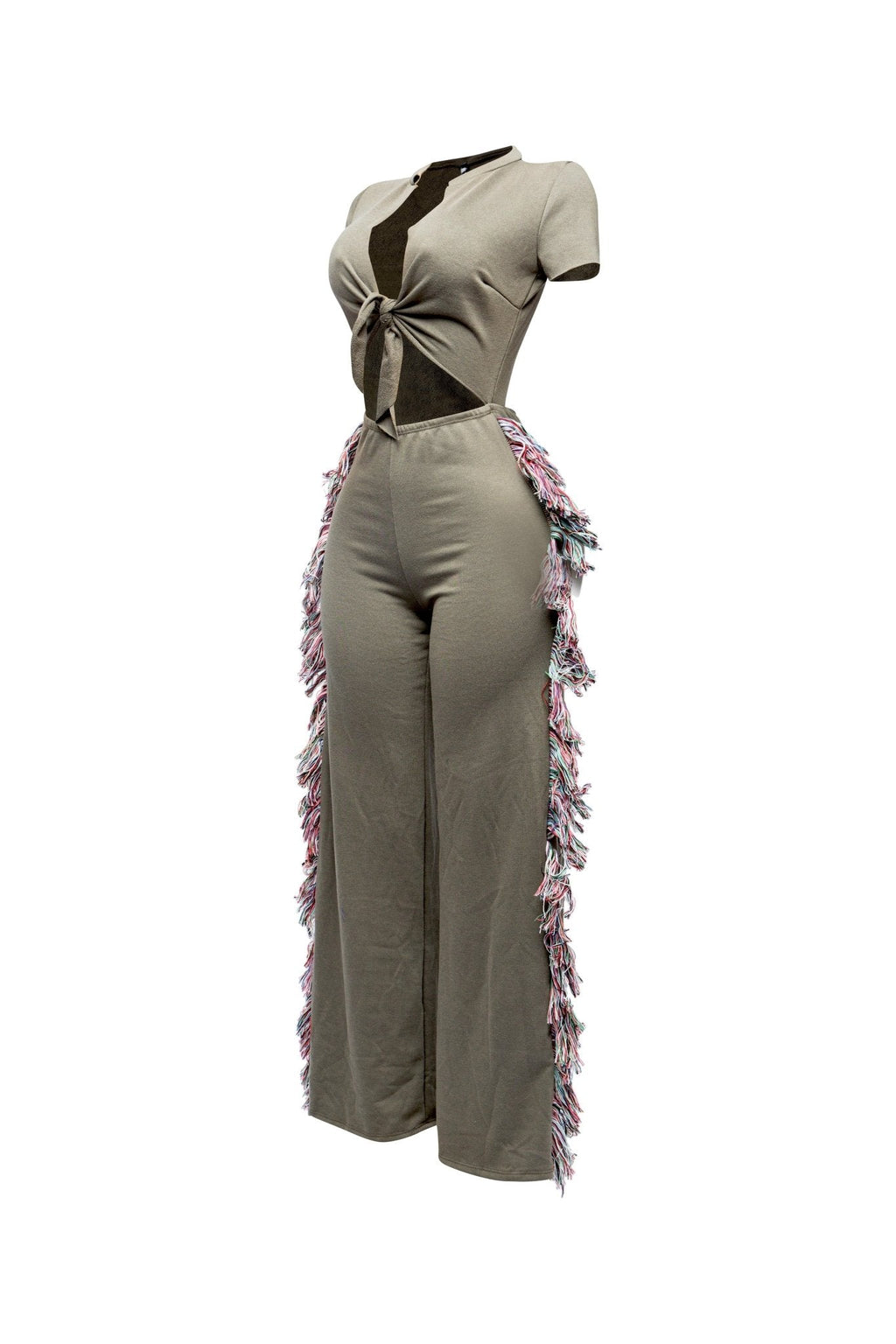 Front Tie Keyhole Crop Top Wide Leg TasselPlus Size Fringe Jumpsuit |