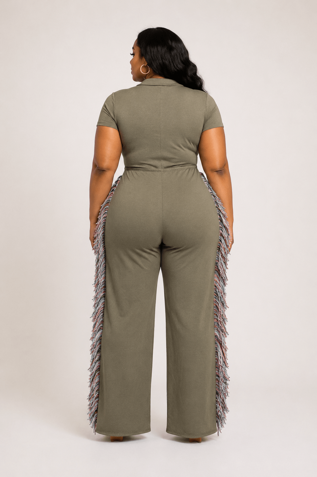 Front Tie Keyhole Crop Top Wide Leg TasselPlus Size Fringe Jumpsuit |
