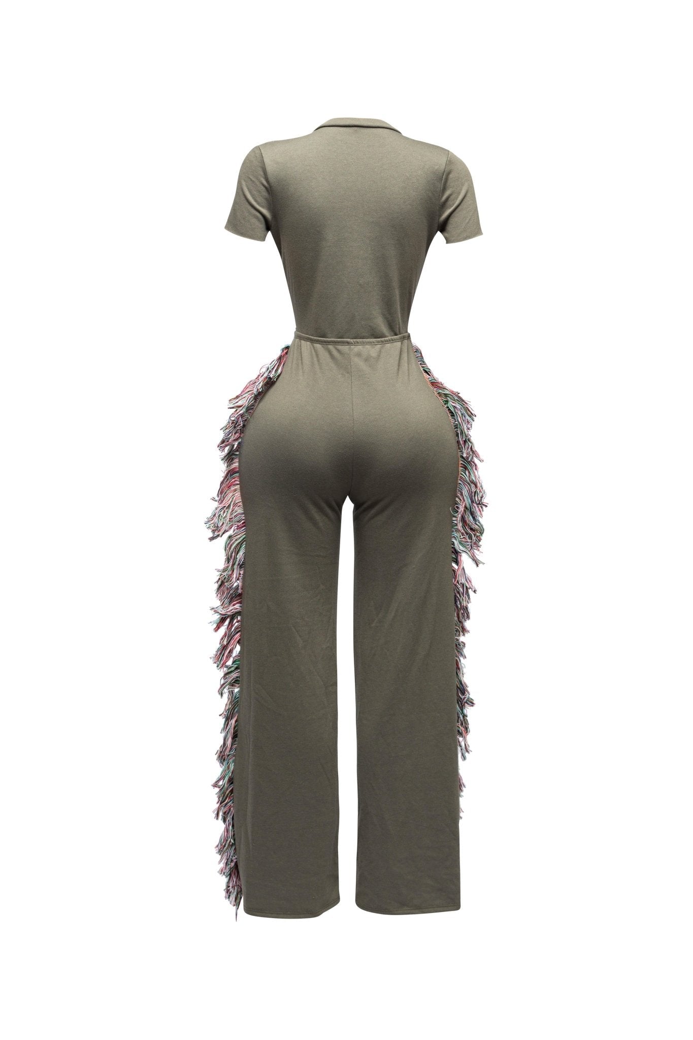 Front Tie Keyhole Crop Top Wide Leg TasselPlus Size Fringe Jumpsuit |
