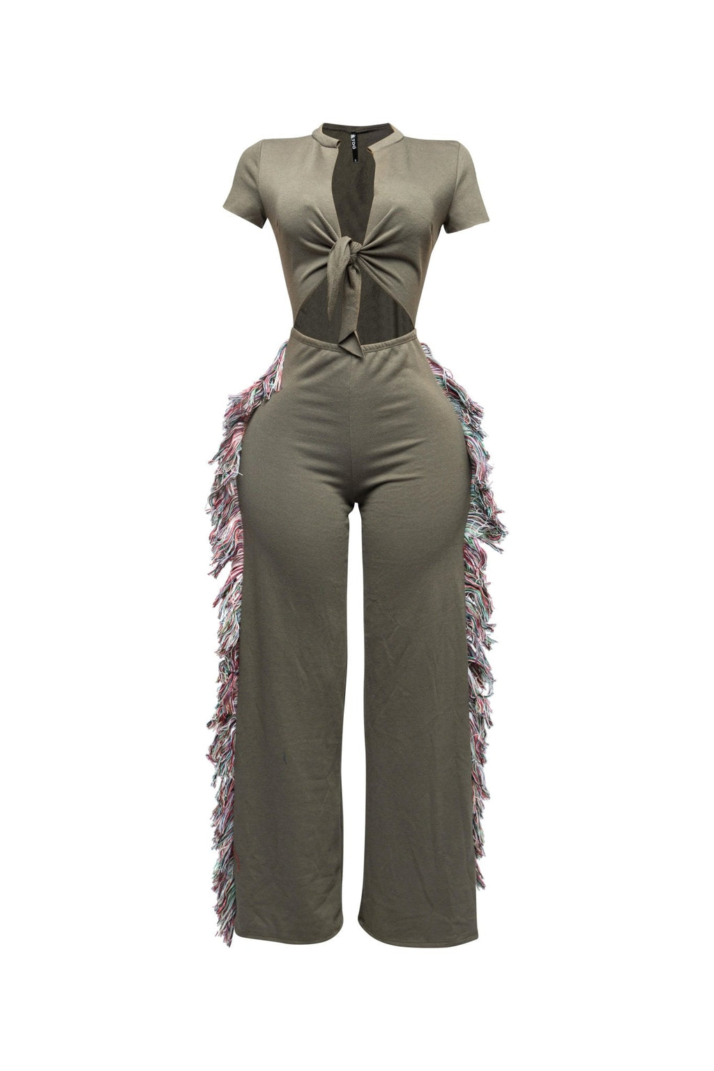 Front Tie Keyhole Crop Top Wide Leg TasselPlus Size Fringe Jumpsuit |