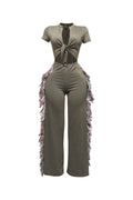 Front Tie Keyhole Crop Top Wide Leg TasselPlus Size Fringe Jumpsuit |