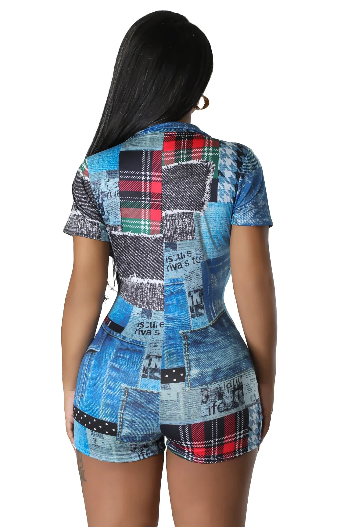 Patchwork Print Sequin Trim Romper