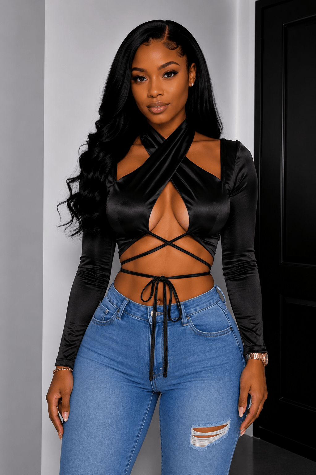 Deep Plunge Cross Wrap Halter Neck Lace-Up Tie Hem Long Sleeve Ultra-Crop Top