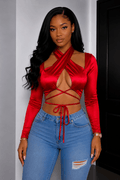 Deep Plunge Cross Wrap Halter Neck Lace-Up Tie Hem Long Sleeve Ultra-Crop Top