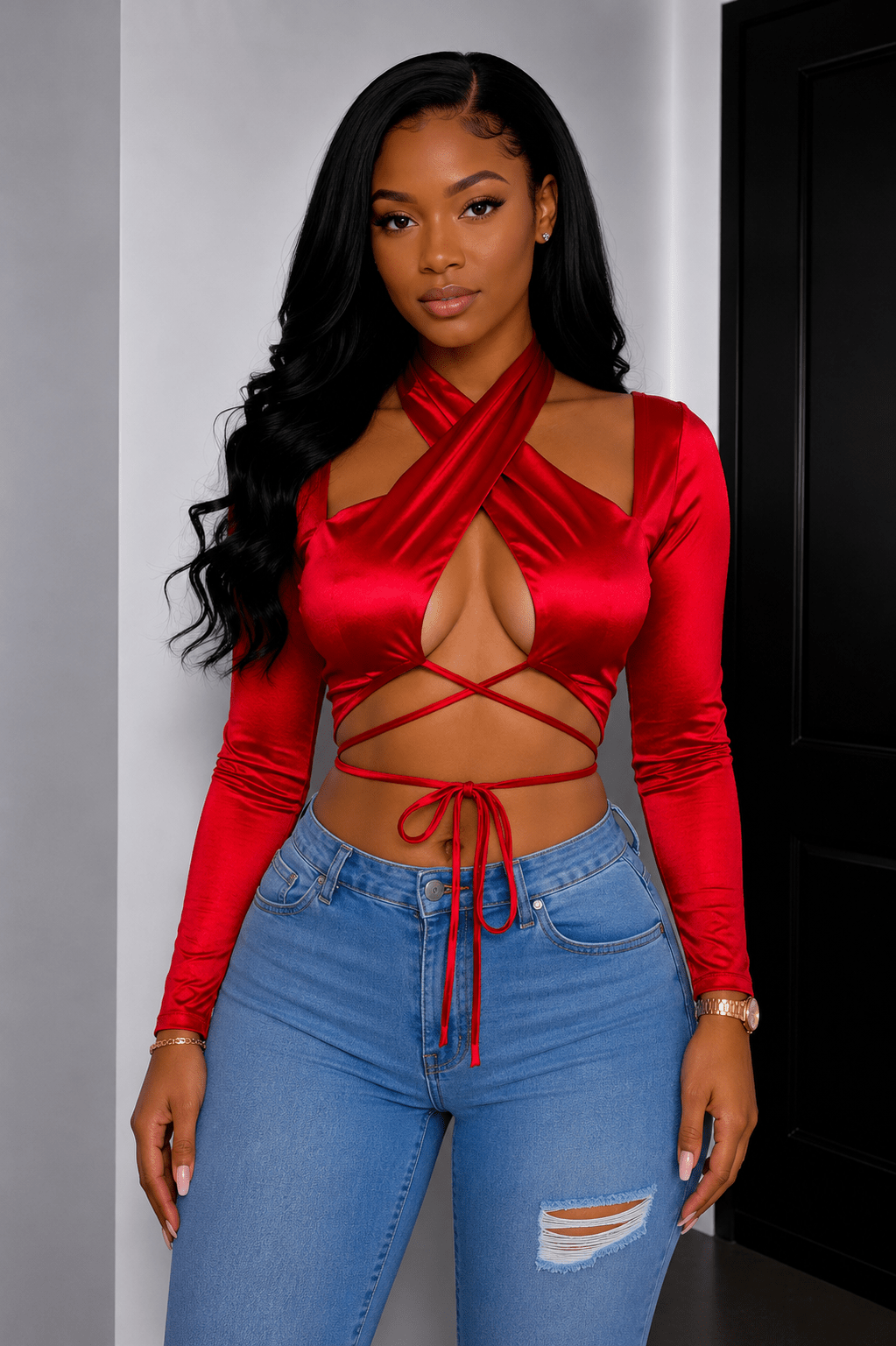 Deep Plunge Cross Wrap Halter Neck Lace-Up Tie Hem Long Sleeve Ultra-Crop Top