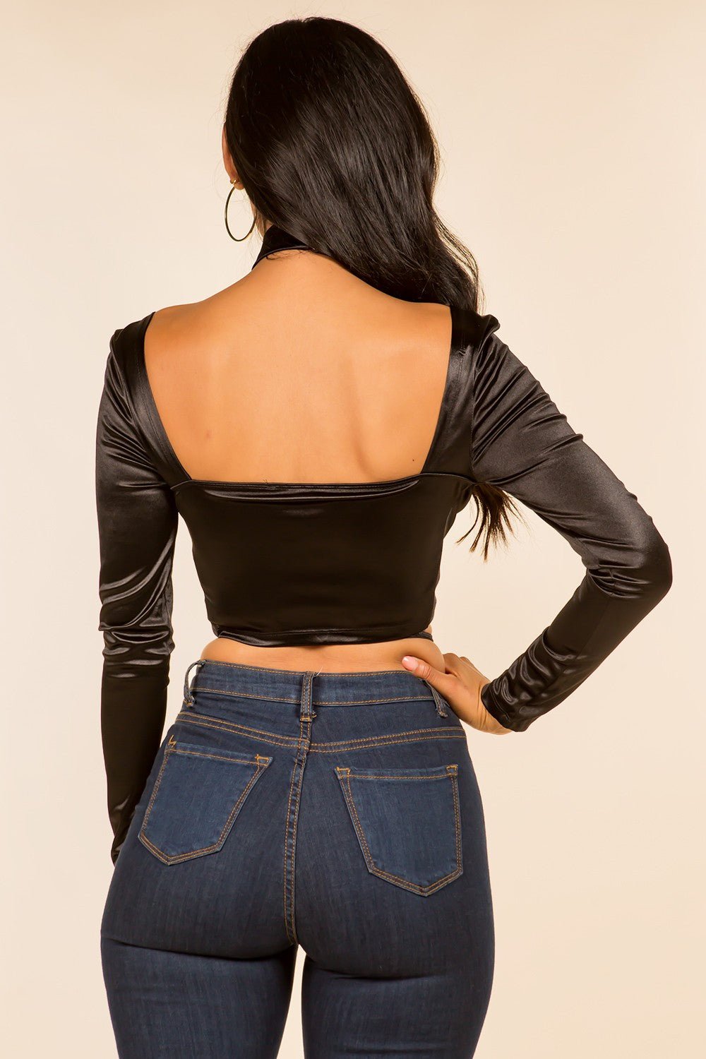 Deep Plunge Cross Wrap Halter Neck Lace-Up Tie Hem Long Sleeve Ultra-Crop Top