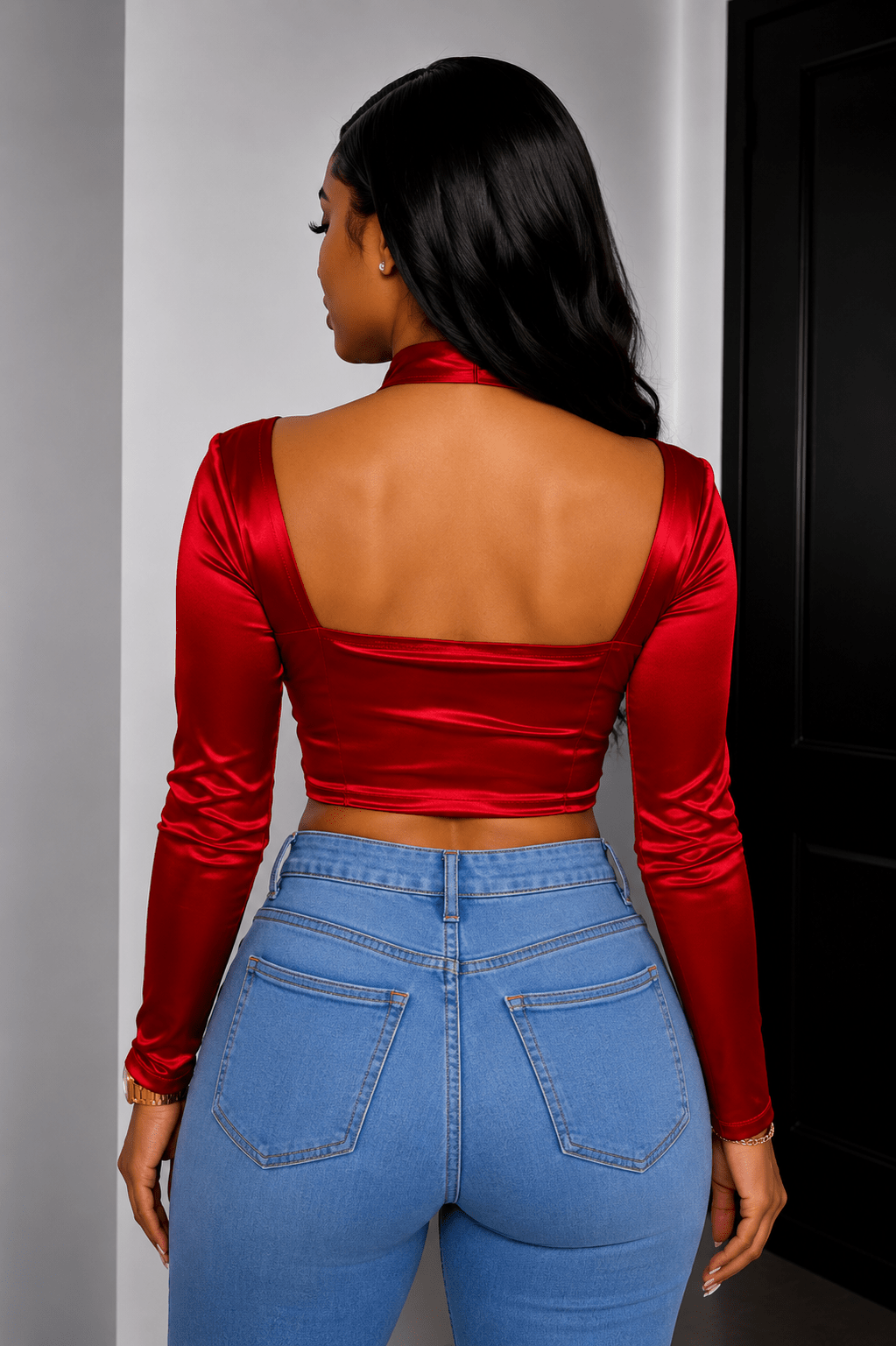 Deep Plunge Cross Wrap Halter Neck Lace-Up Tie Hem Long Sleeve Ultra-Crop Top