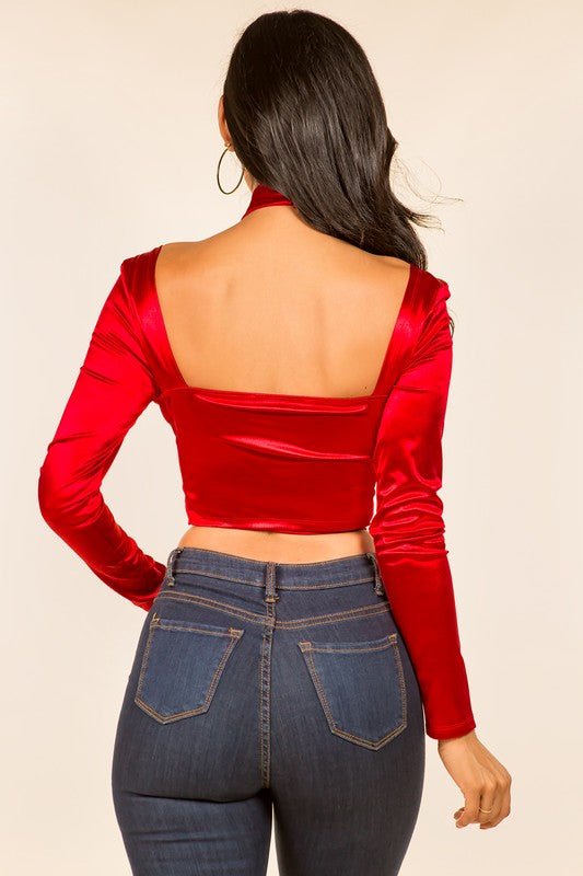 Deep Plunge Cross Wrap Halter Neck Lace-Up Tie Hem Long Sleeve Ultra-Crop Top
