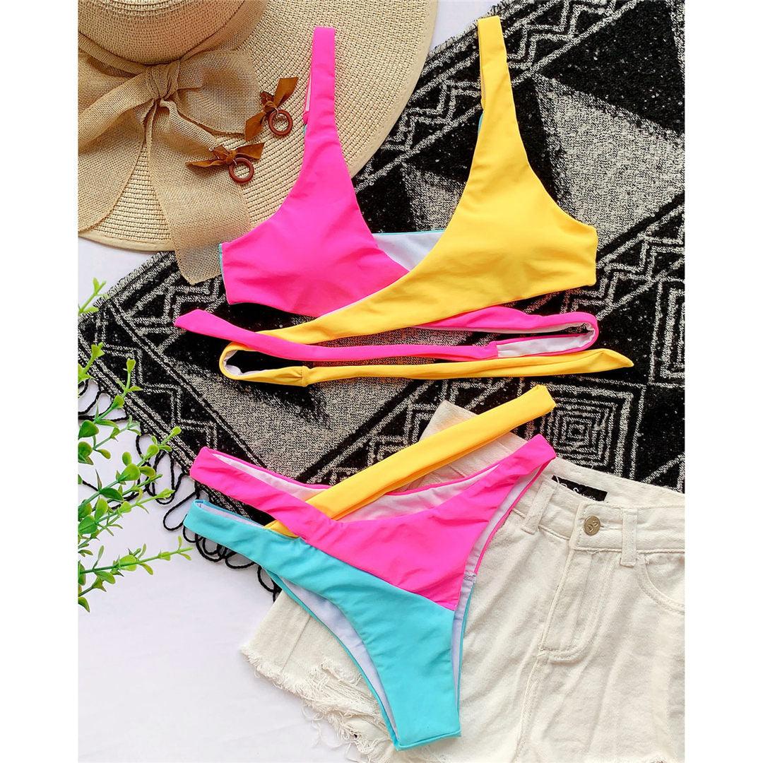 Color-Block Asymmetric Wrap Halter Bikini Set | One-Shoulder Strap & Cheeky Bottom