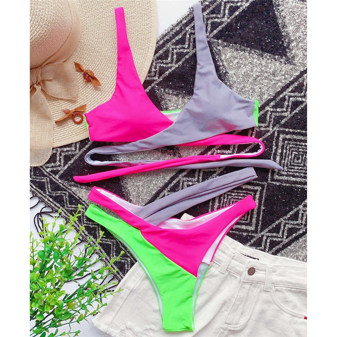 Color-Block Asymmetric Wrap Halter Bikini Set | One-Shoulder Strap & Cheeky Bottom