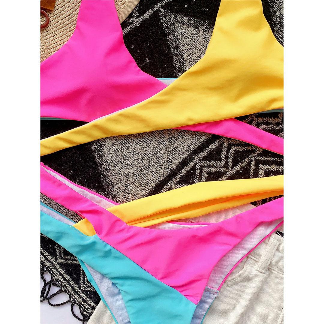 Color-Block Asymmetric Wrap Halter Bikini Set | One-Shoulder Strap & Cheeky Bottom