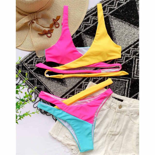 Color-Block Asymmetric Wrap Halter Bikini Set | One-Shoulder Strap & Cheeky Bottom