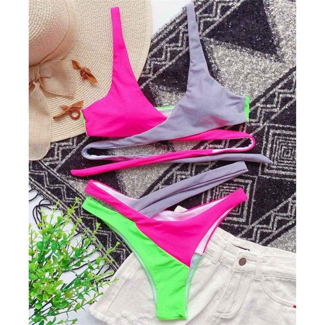Color-Block Asymmetric Wrap Halter Bikini Set | One-Shoulder Strap & Cheeky Bottom