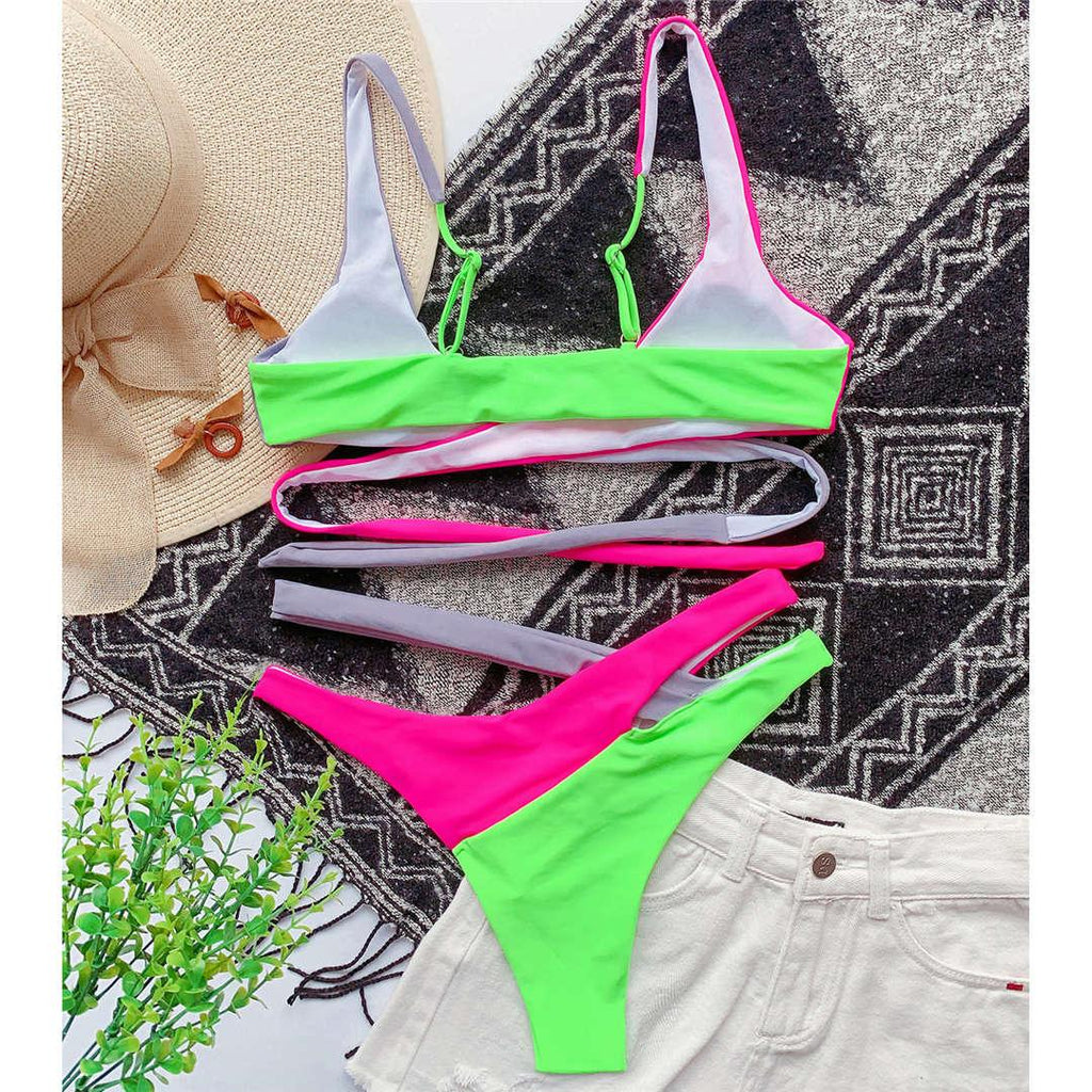 Color-Block Asymmetric Wrap Halter Bikini Set | One-Shoulder Strap & Cheeky Bottom