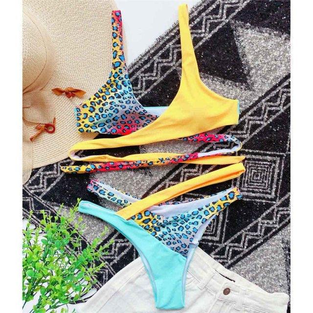 Color-Block Asymmetric Wrap Halter Bikini Set | One-Shoulder Strap & Cheeky Bottom