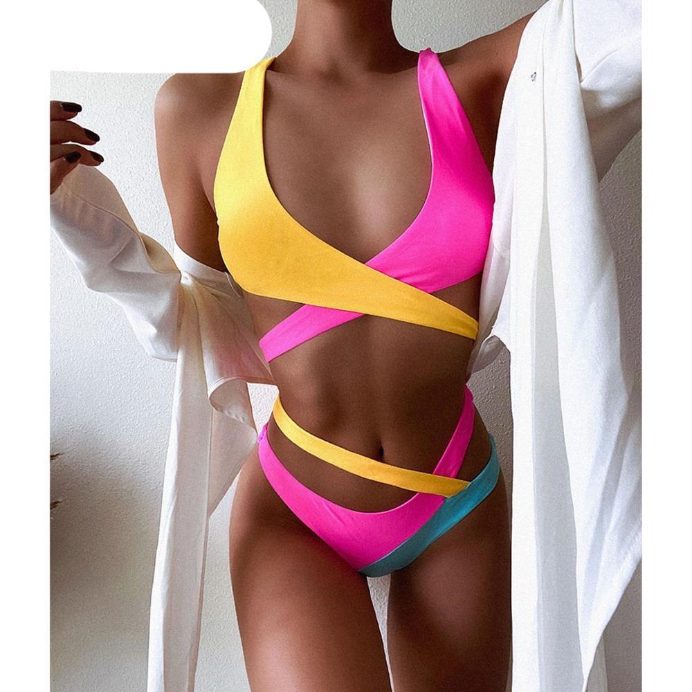 Color-Block Asymmetric Wrap Halter Bikini Set | One-Shoulder Strap & Cheeky Bottom