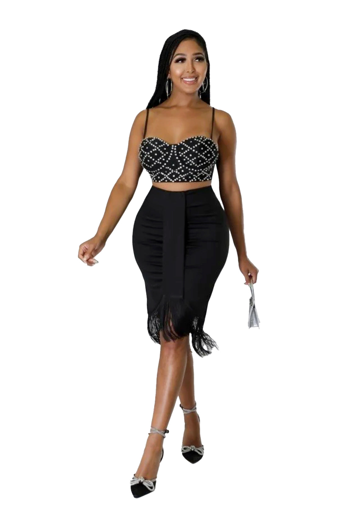 High-Waist Bodycon Fringe Hem Midi Skirt