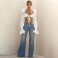 Sweetheart Lace-Up Puff Sleeve Ruffle Crop Top