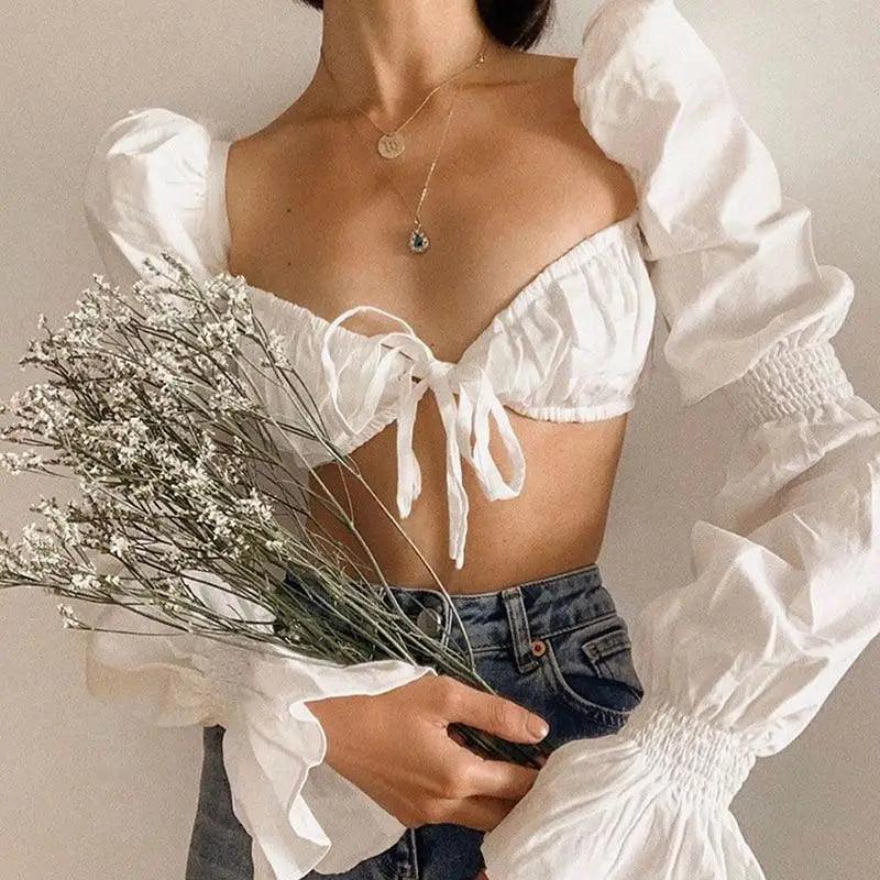 Sweetheart Lace-Up Puff Sleeve Ruffle Crop Top