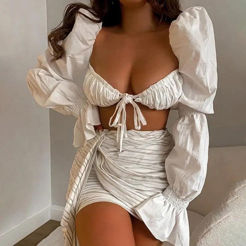 Sweetheart Lace-Up Puff Sleeve Ruffle Crop Top