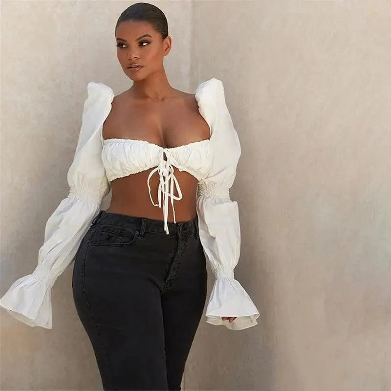 Sweetheart Lace-Up Puff Sleeve Ruffle Crop Top