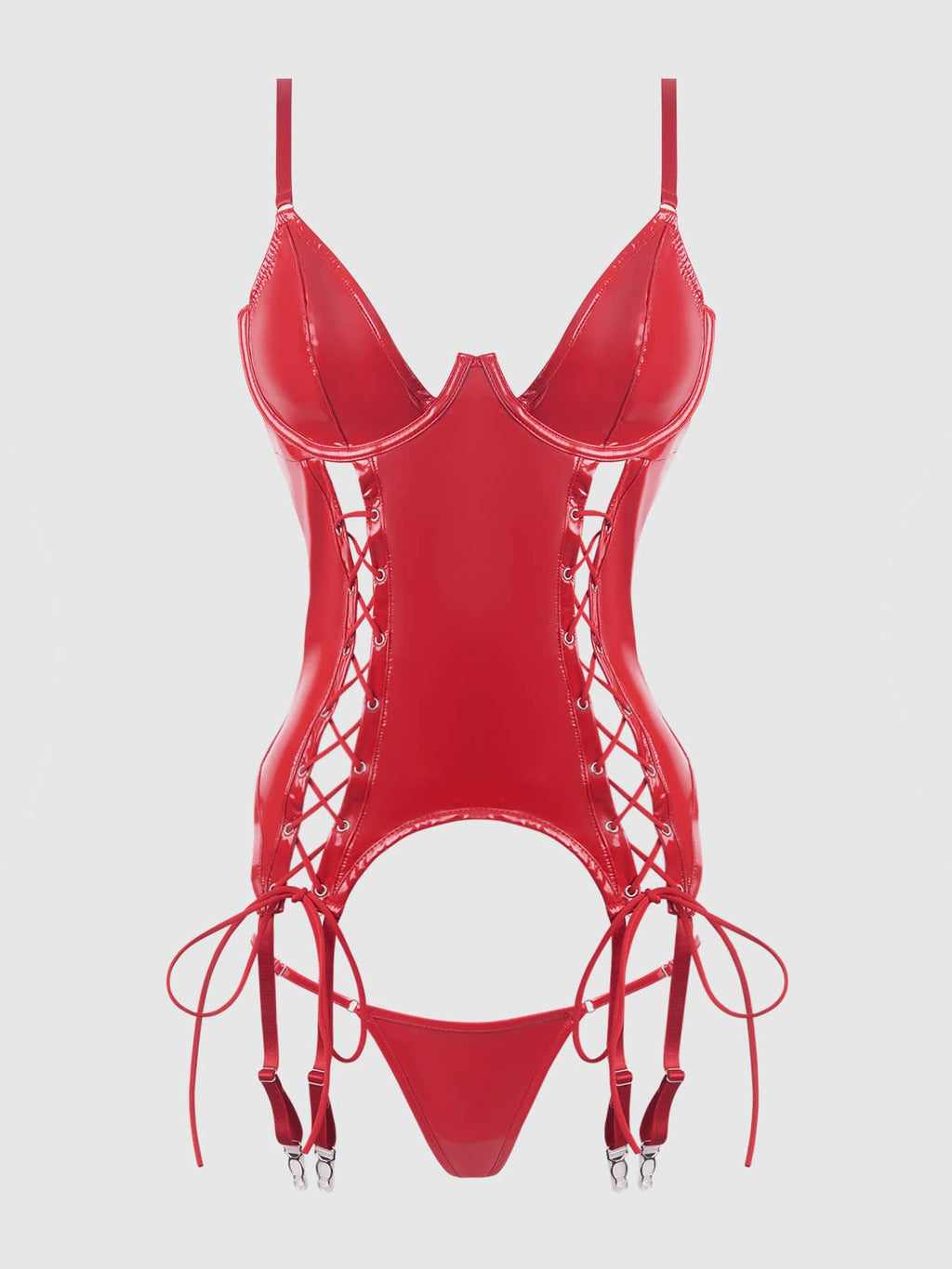 Trixie Patent-Look Lace-Up Bustier & G-String Set