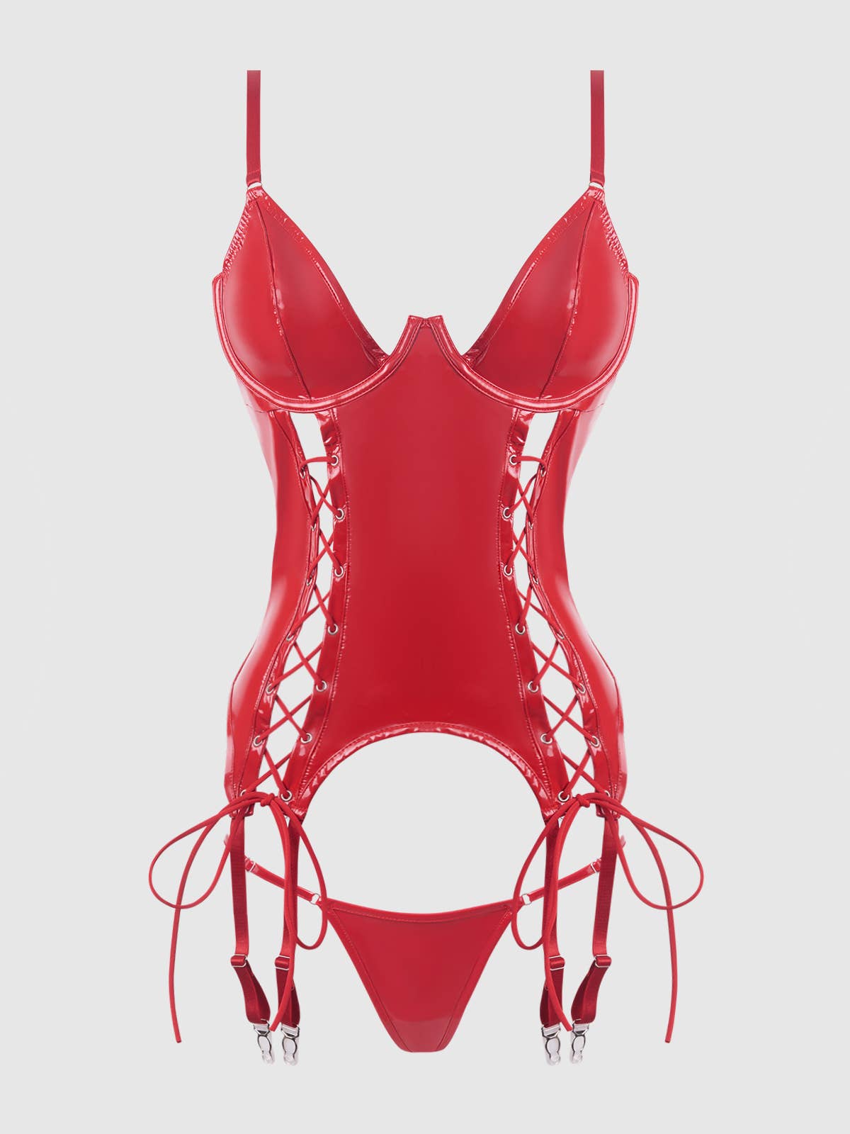 Trixie Patent-Look Lace-Up Bustier & G-String Set