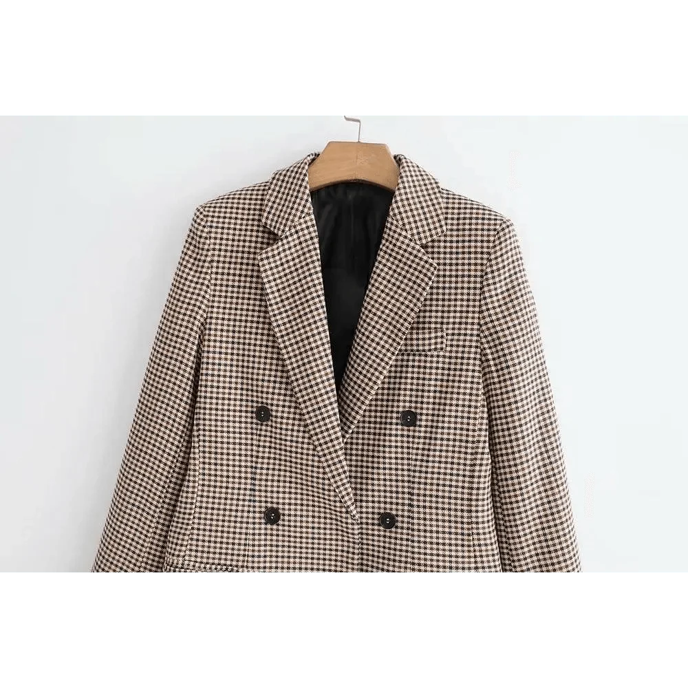 Double-Breasted Plaid Blazer Coat | Notched Collar & Pockets