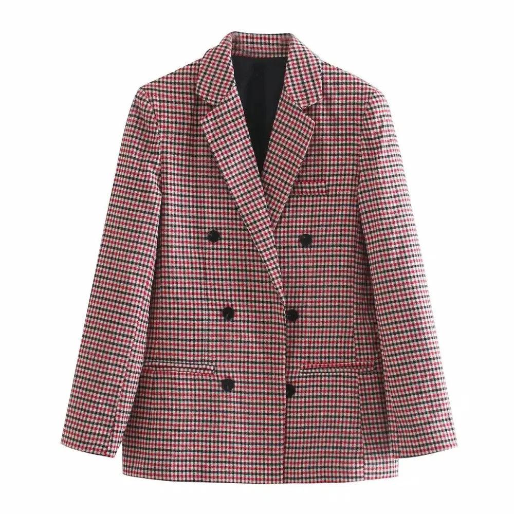 Double-Breasted Plaid Blazer Coat | Notched Collar & Pockets