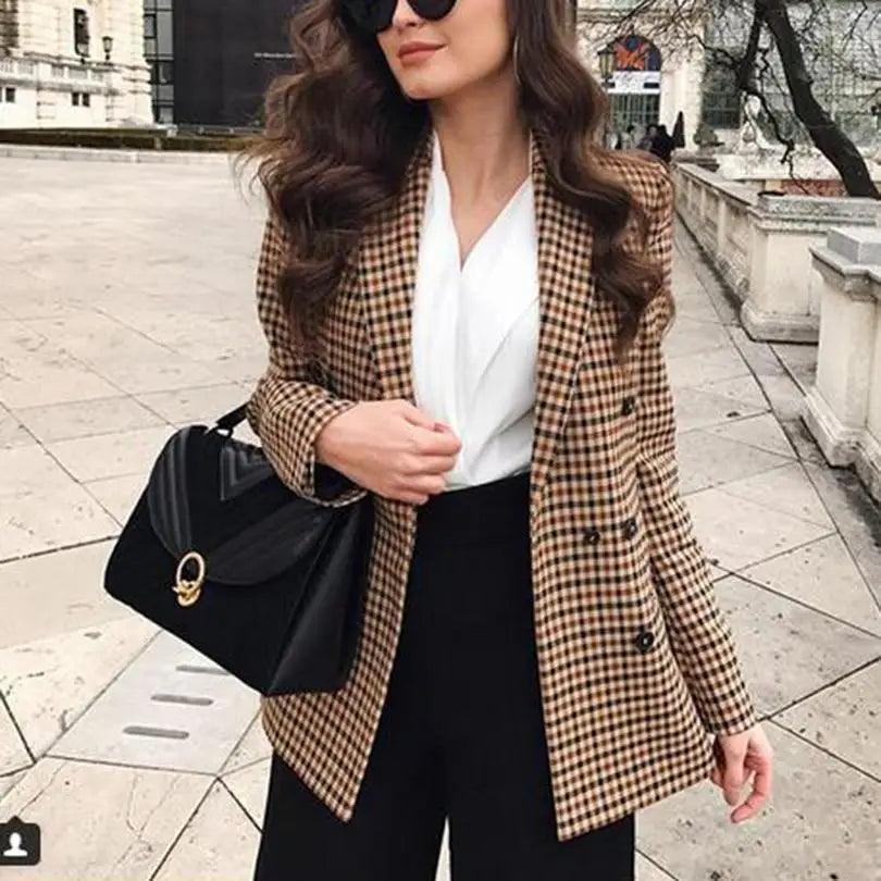 Double-Breasted Plaid Blazer Coat | Notched Collar & Pockets