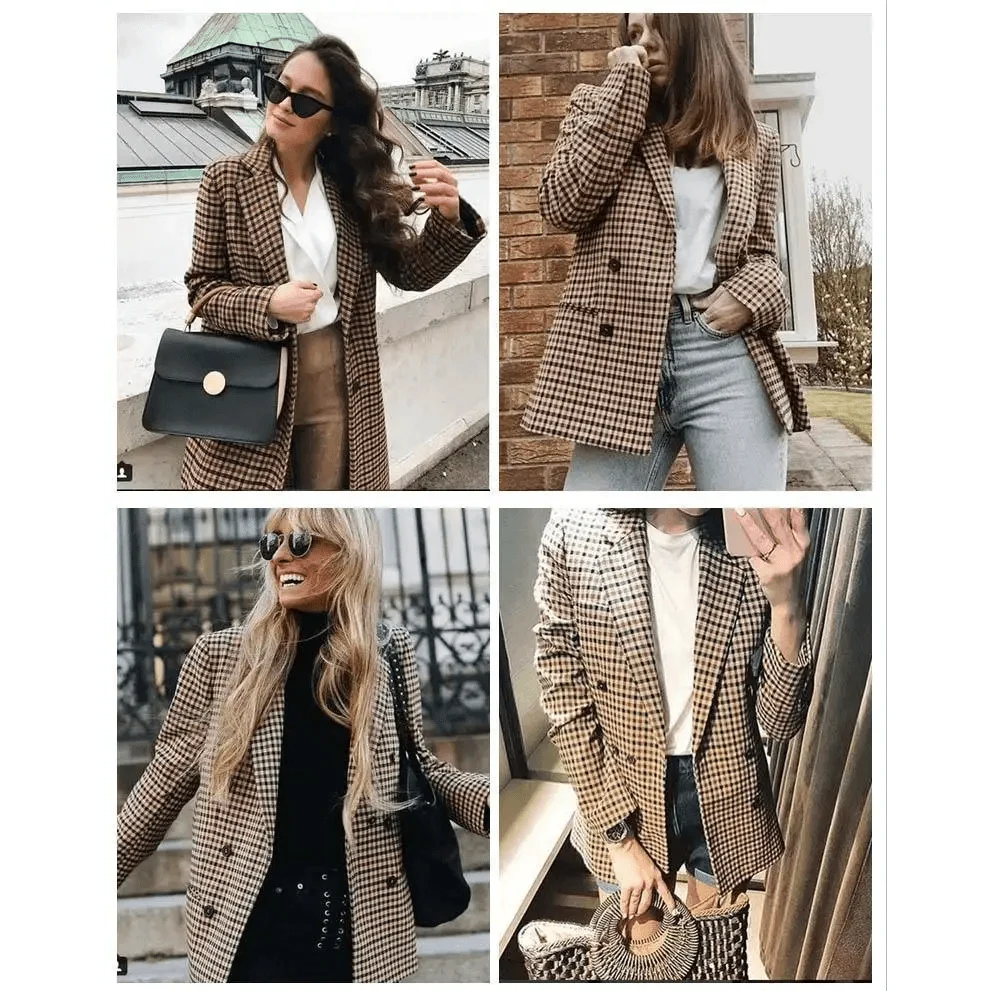 Double-Breasted Plaid Blazer Coat | Notched Collar & Pockets