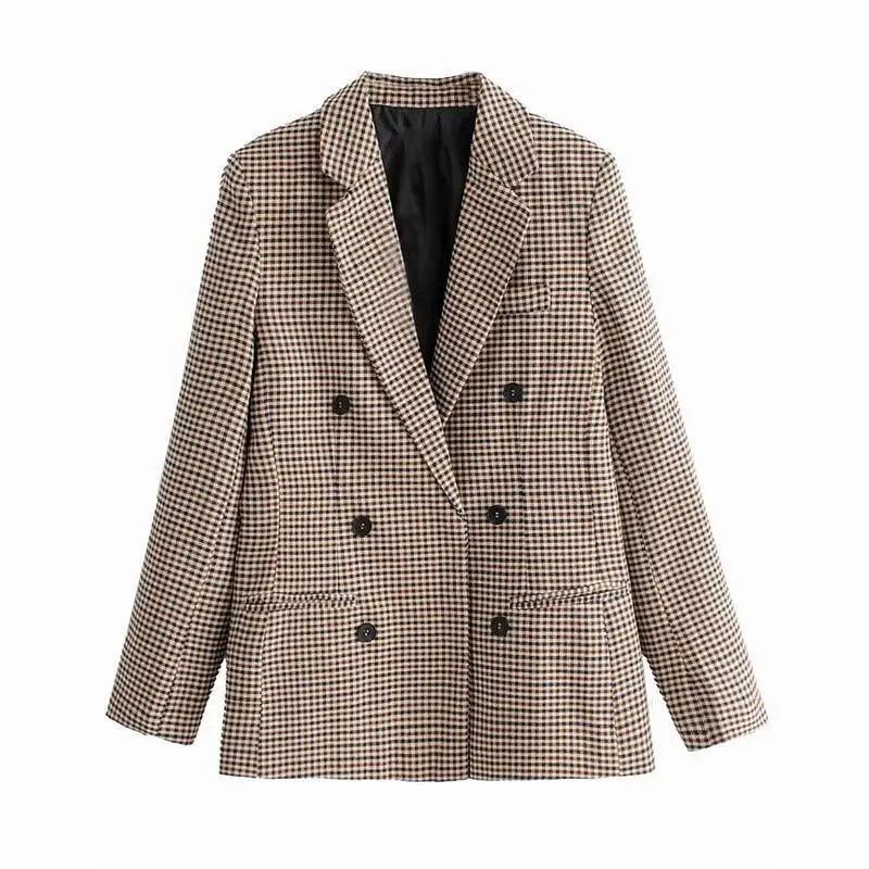 Double-Breasted Plaid Blazer Coat | Notched Collar & Pockets