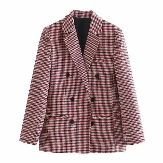 Double-Breasted Plaid Blazer Coat | Notched Collar & Pockets