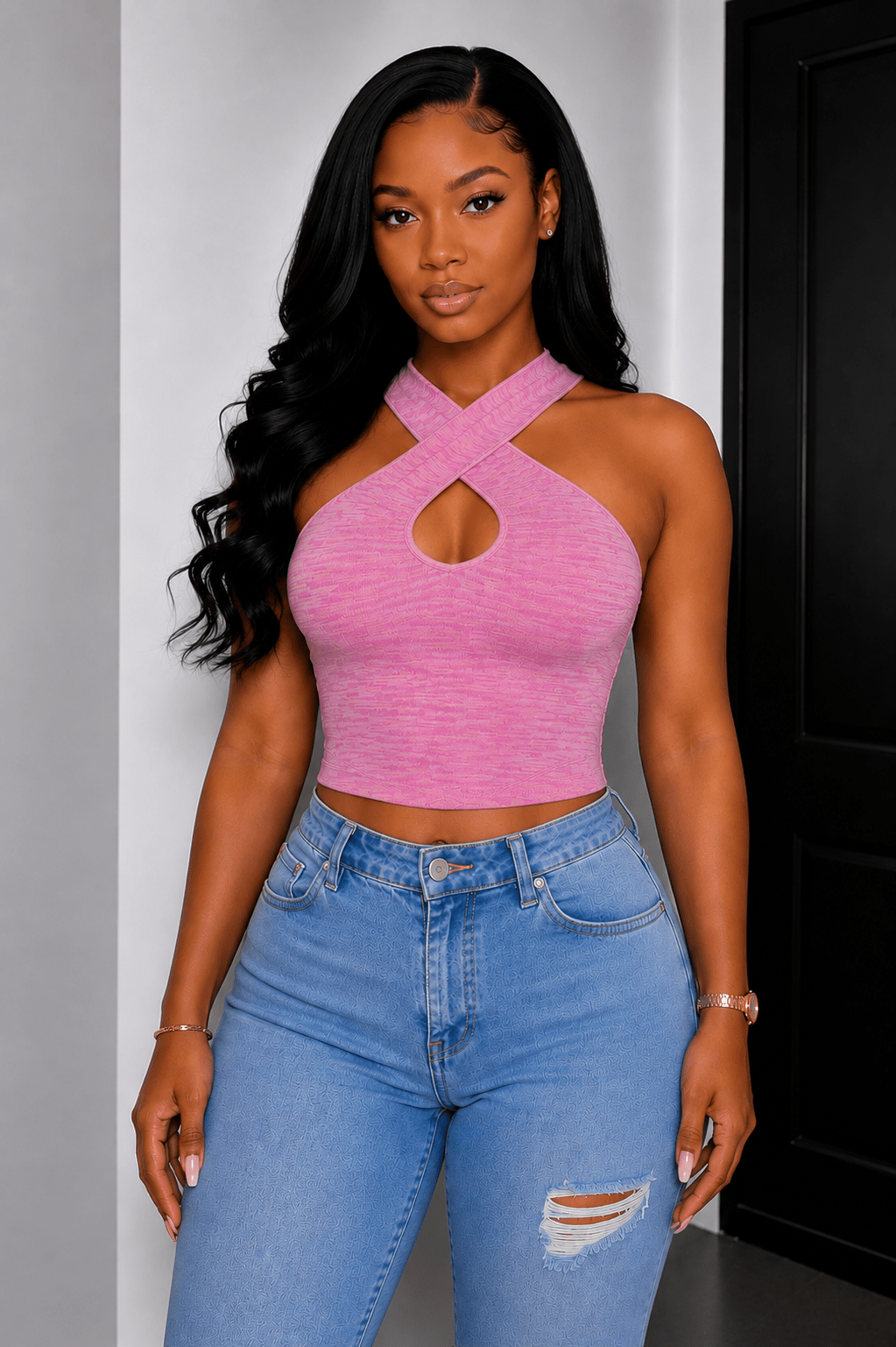 Crisscross Halter Keyhole Crop Top | Stretch Knit Sleeveless