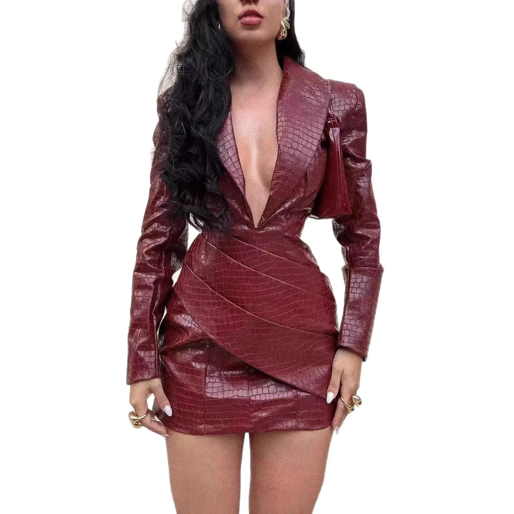 Women's Deep V-Neck Long Sleeve Ruched Faux Leather Bodycon Mini Dress