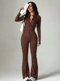 Women's Long Sleeve Zipper Slim Fit Flared Yoga Jumpsuit