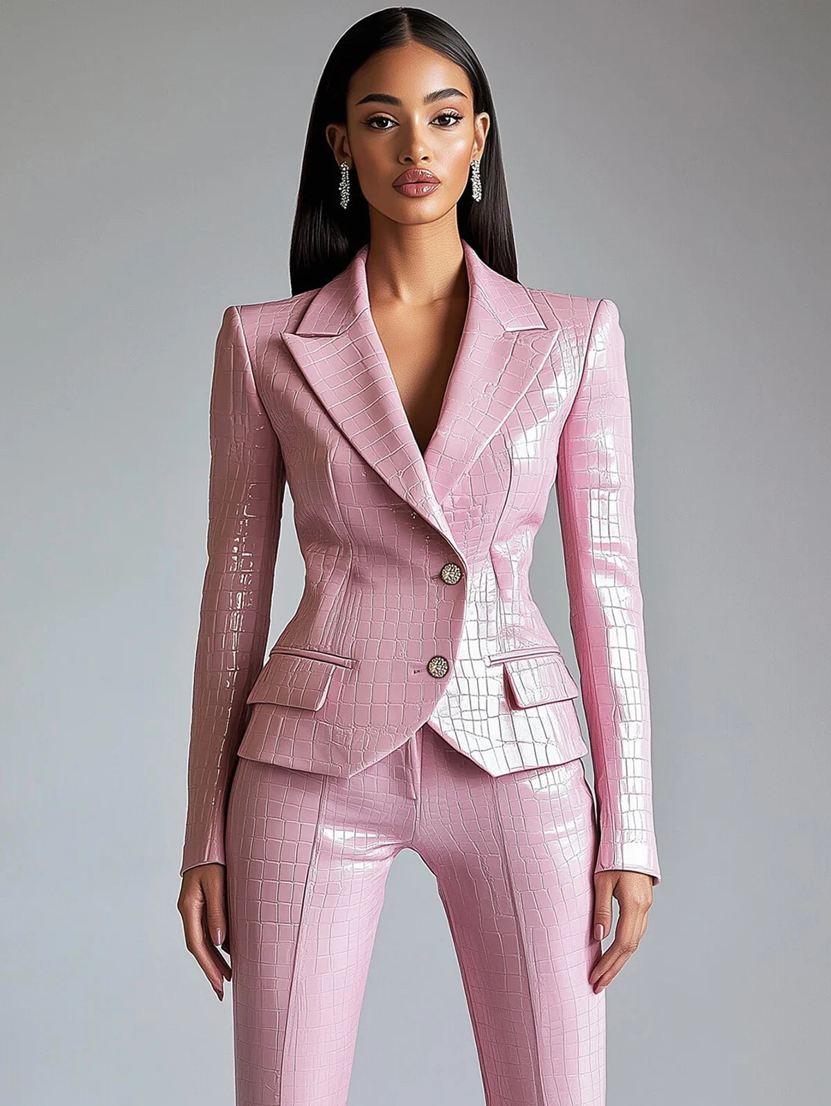 The Pink Authority Alligator-Texture Faux Leather Blazer