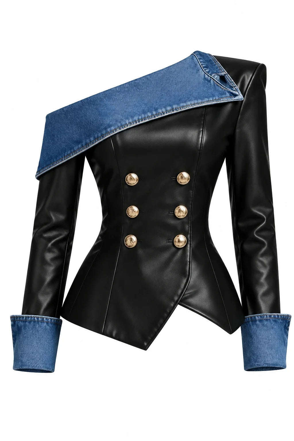 The Uptown Edge Denim-Trim Faux Leather Top