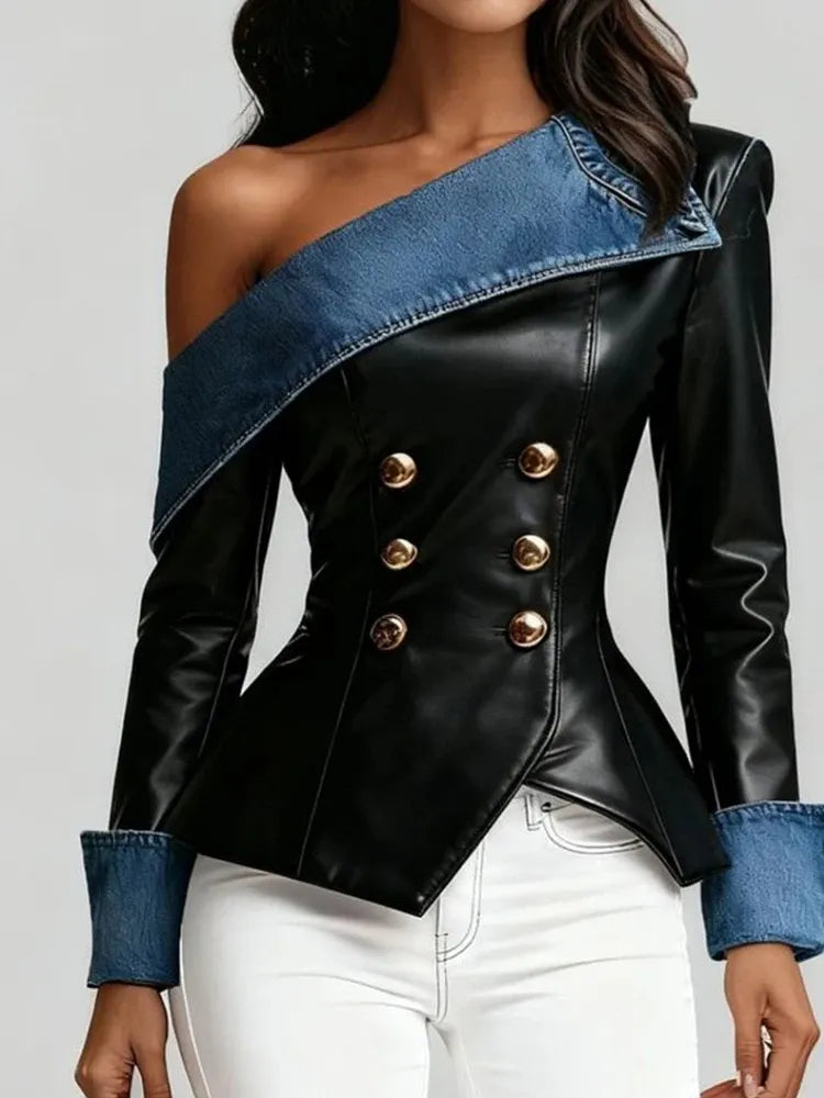 The Uptown Edge Denim-Trim Faux Leather Top